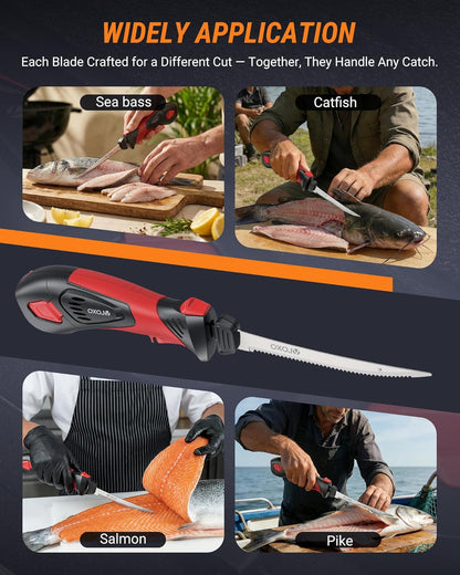 Cordless Electric Fillet Knife Battery-Powered Fillet Knife for Fish | 5 Ti-Nitride Coated Blades, Dual Batteries and Safety Lock, Portable Kit for Wild Game Breast Use Camping and Outdoor Cooking