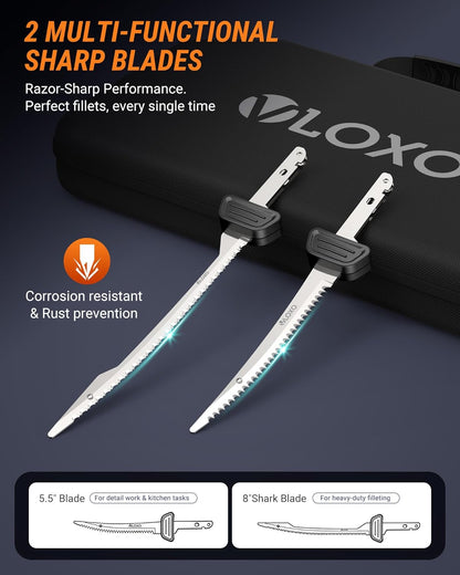 Cordless Electric Fillet Knife Battery-Powered Fillet Knife for Fish | 5 Ti-Nitride Coated Blades, Dual Batteries and Safety Lock, Portable Kit for Wild Game Breast Use Camping and Outdoor Cooking