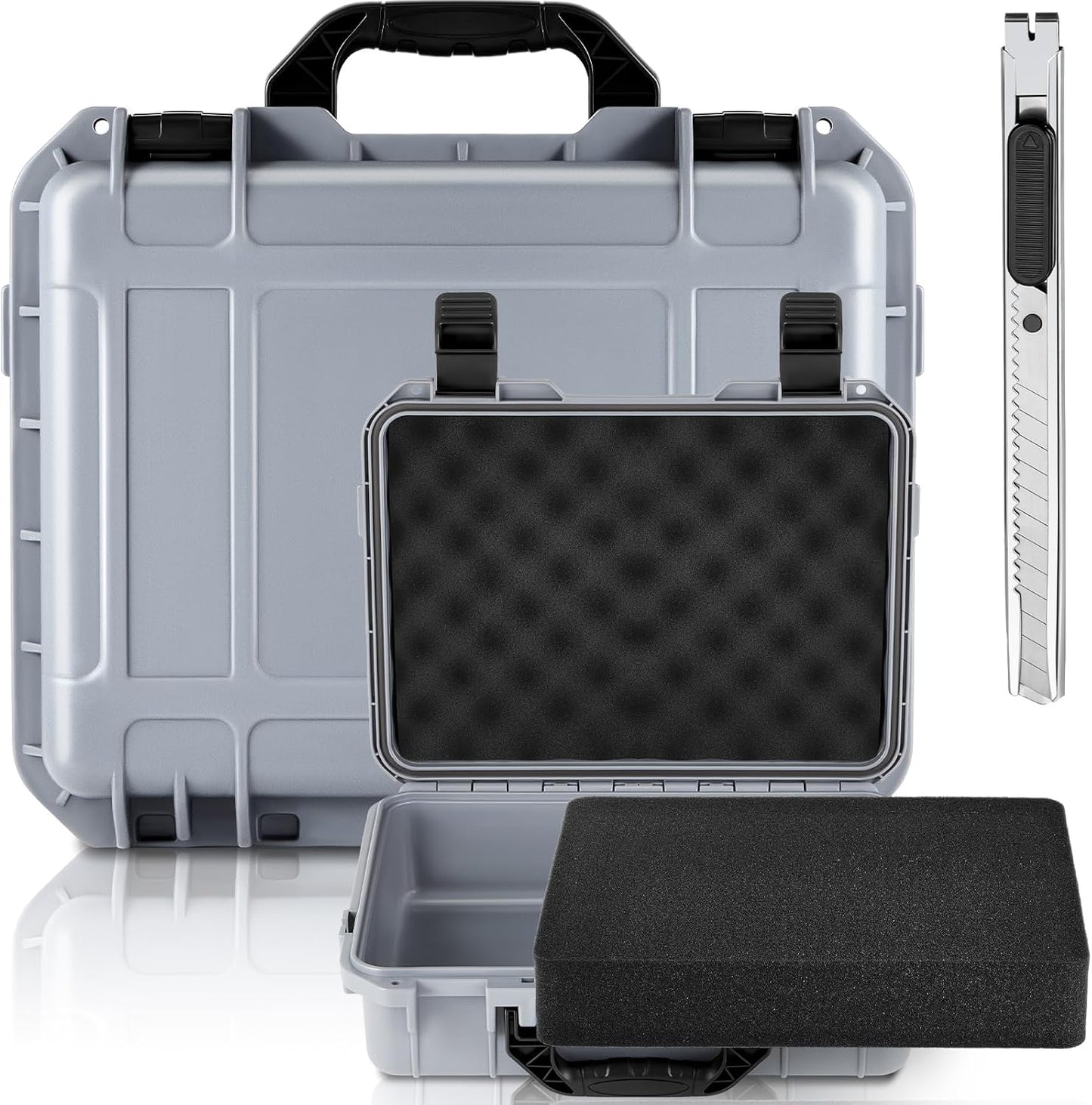 1 Pcs Waterproof Hard Case with DIY Customizable Foam Insert Portable Protective Case with Knife for Camera Drones Equipments Tools Test Instruments(Gray,14.3 x 11.4 x 4.5 Inch)