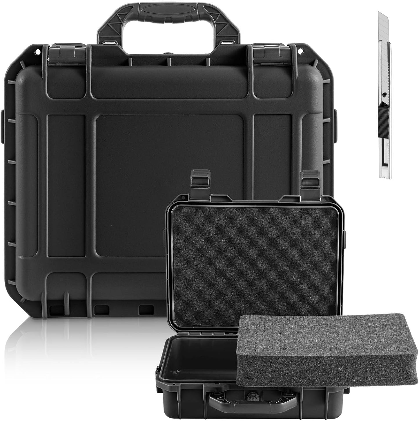 1 Pcs Waterproof Hard Case with DIY Customizable Foam Insert Portable Protective Case with Knife for Camera Drones Equipments Tools Test Instruments(Gray,14.3 x 11.4 x 4.5 Inch)