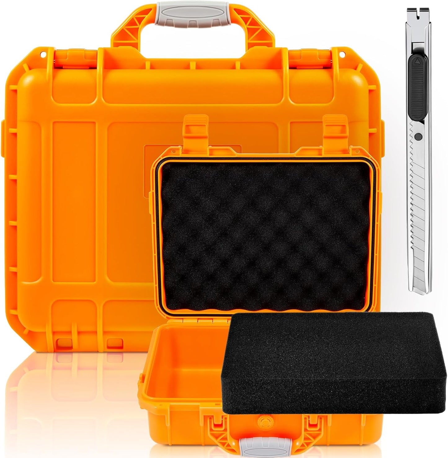 1 Pcs Waterproof Hard Case with DIY Customizable Foam Insert Portable Protective Case with Knife for Camera Drones Equipments Tools Test Instruments(Gray,14.3 x 11.4 x 4.5 Inch)