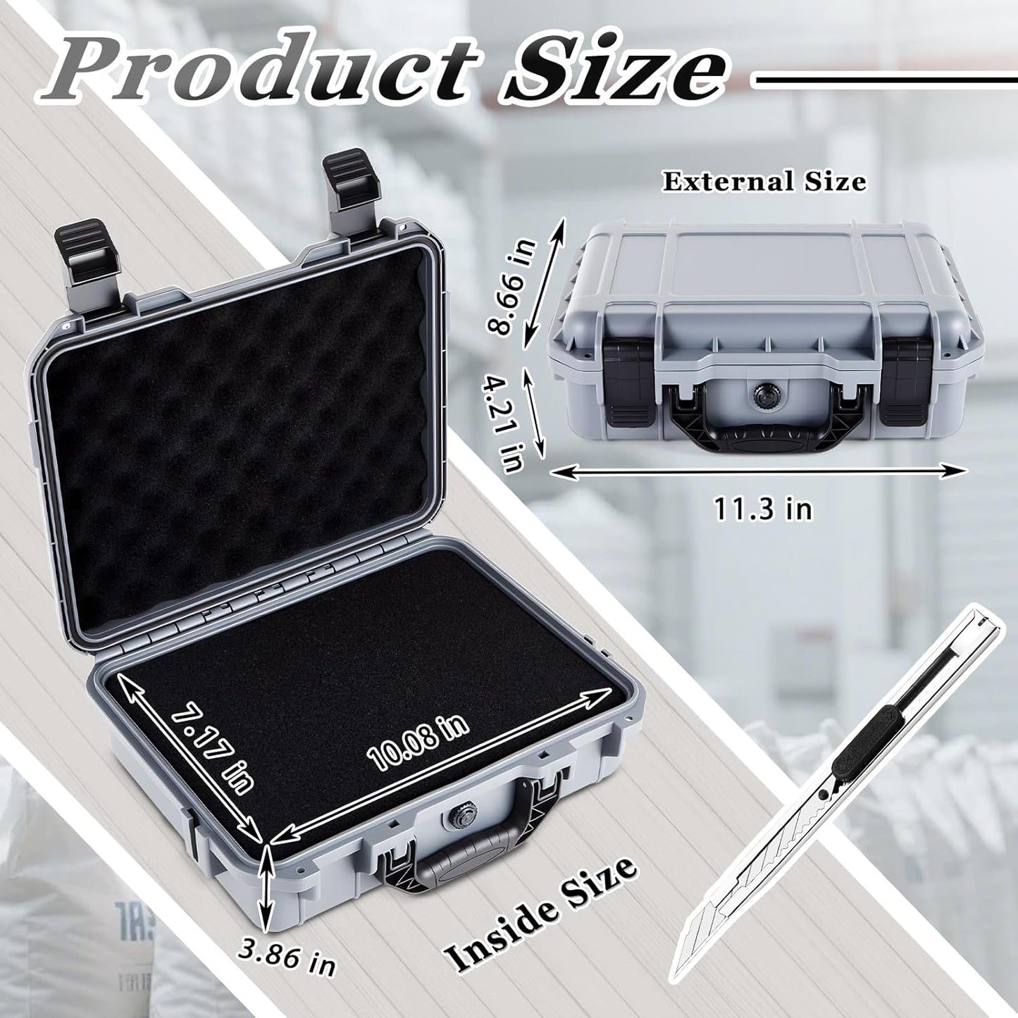 1 Pcs Waterproof Hard Case with DIY Customizable Foam Insert Portable Protective Case with Knife for Camera Drones Equipments Tools Test Instruments(Gray,14.3 x 11.4 x 4.5 Inch)