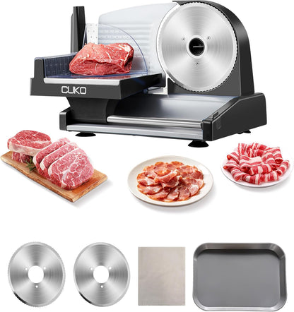 Meat Slicer,200W Electric Deli Meat Slicer, 2 Removable 7.5'' Stainless Steel Blades & Tray, 0-15mm Adjustable Thickness, Easy to Clean, for Meat, Cheese, Bread, Fruits and Vegetables