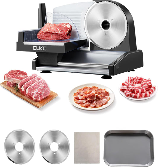 Meat Slicer,200W Electric Deli Meat Slicer, 2 Removable 7.5'' Stainless Steel Blades & Tray, 0-15mm Adjustable Thickness, Easy to Clean, for Meat, Cheese, Bread, Fruits and Vegetables