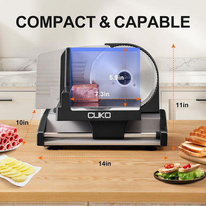 Meat Slicer,200W Electric Deli Meat Slicer, 2 Removable 7.5'' Stainless Steel Blades & Tray, 0-15mm Adjustable Thickness, Easy to Clean, for Meat, Cheese, Bread, Fruits and Vegetables