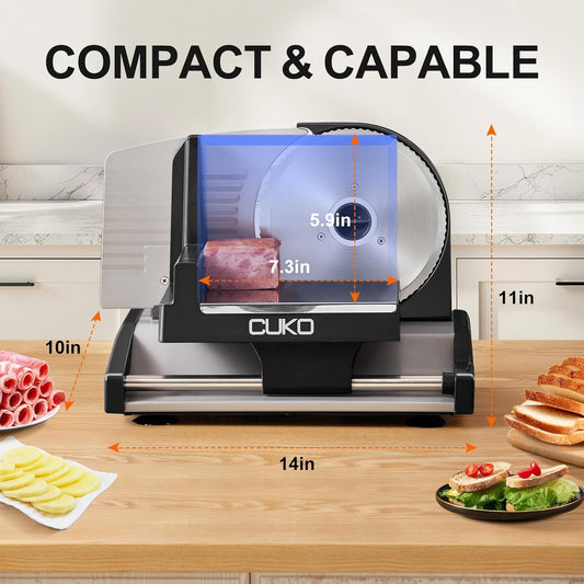 Meat Slicer,200W Electric Deli Meat Slicer, 2 Removable 7.5'' Stainless Steel Blades & Tray, 0-15mm Adjustable Thickness, Easy to Clean, for Meat, Cheese, Bread, Fruits and Vegetables