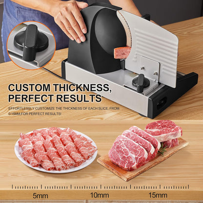 Meat Slicer,200W Electric Deli Meat Slicer, 2 Removable 7.5'' Stainless Steel Blades & Tray, 0-15mm Adjustable Thickness, Easy to Clean, for Meat, Cheese, Bread, Fruits and Vegetables