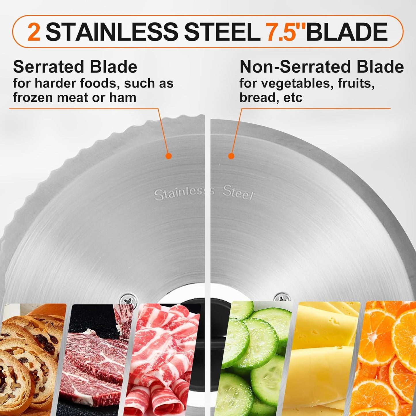 Meat Slicer,200W Electric Deli Meat Slicer, 2 Removable 7.5'' Stainless Steel Blades & Tray, 0-15mm Adjustable Thickness, Easy to Clean, for Meat, Cheese, Bread, Fruits and Vegetables