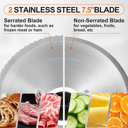 Meat Slicer,200W Electric Deli Meat Slicer, 2 Removable 7.5'' Stainless Steel Blades & Tray, 0-15mm Adjustable Thickness, Easy to Clean, for Meat, Cheese, Bread, Fruits and Vegetables