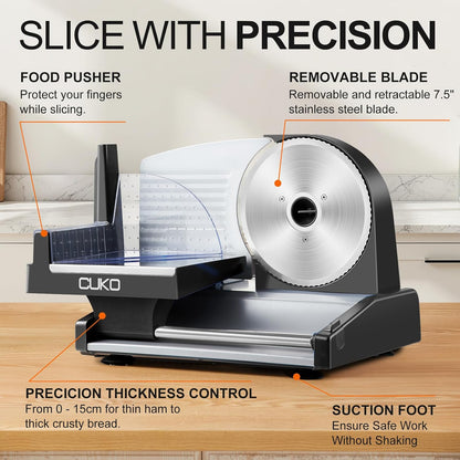 Meat Slicer,200W Electric Deli Meat Slicer, 2 Removable 7.5'' Stainless Steel Blades & Tray, 0-15mm Adjustable Thickness, Easy to Clean, for Meat, Cheese, Bread, Fruits and Vegetables