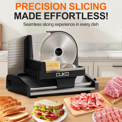 Meat Slicer,200W Electric Deli Meat Slicer, 2 Removable 7.5'' Stainless Steel Blades & Tray, 0-15mm Adjustable Thickness, Easy to Clean, for Meat, Cheese, Bread, Fruits and Vegetables