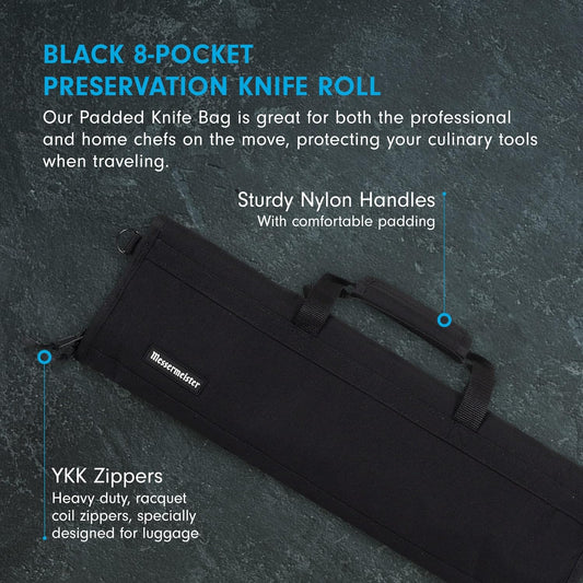 Preservation 8-Pocket Knife Luggage, Black - 8 Elasticized, Reinforced Pockets for Culinary Tools - Holds Up to 18” Knife - Made From 100% Recycled Water Bottles