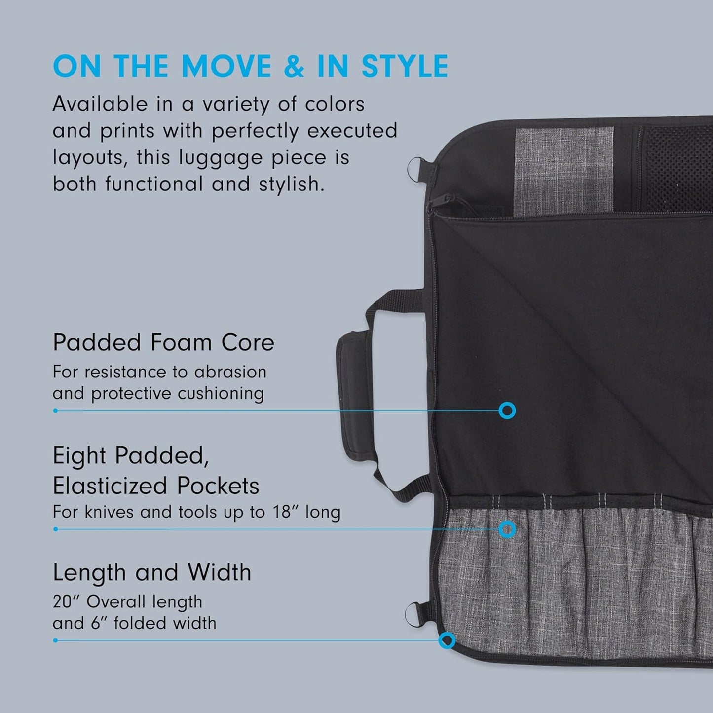 Preservation 8-Pocket Knife Luggage, Black - 8 Elasticized, Reinforced Pockets for Culinary Tools - Holds Up to 18” Knife - Made From 100% Recycled Water Bottles