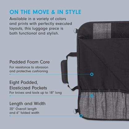 Preservation 8-Pocket Knife Luggage, Black - 8 Elasticized, Reinforced Pockets for Culinary Tools - Holds Up to 18” Knife - Made From 100% Recycled Water Bottles