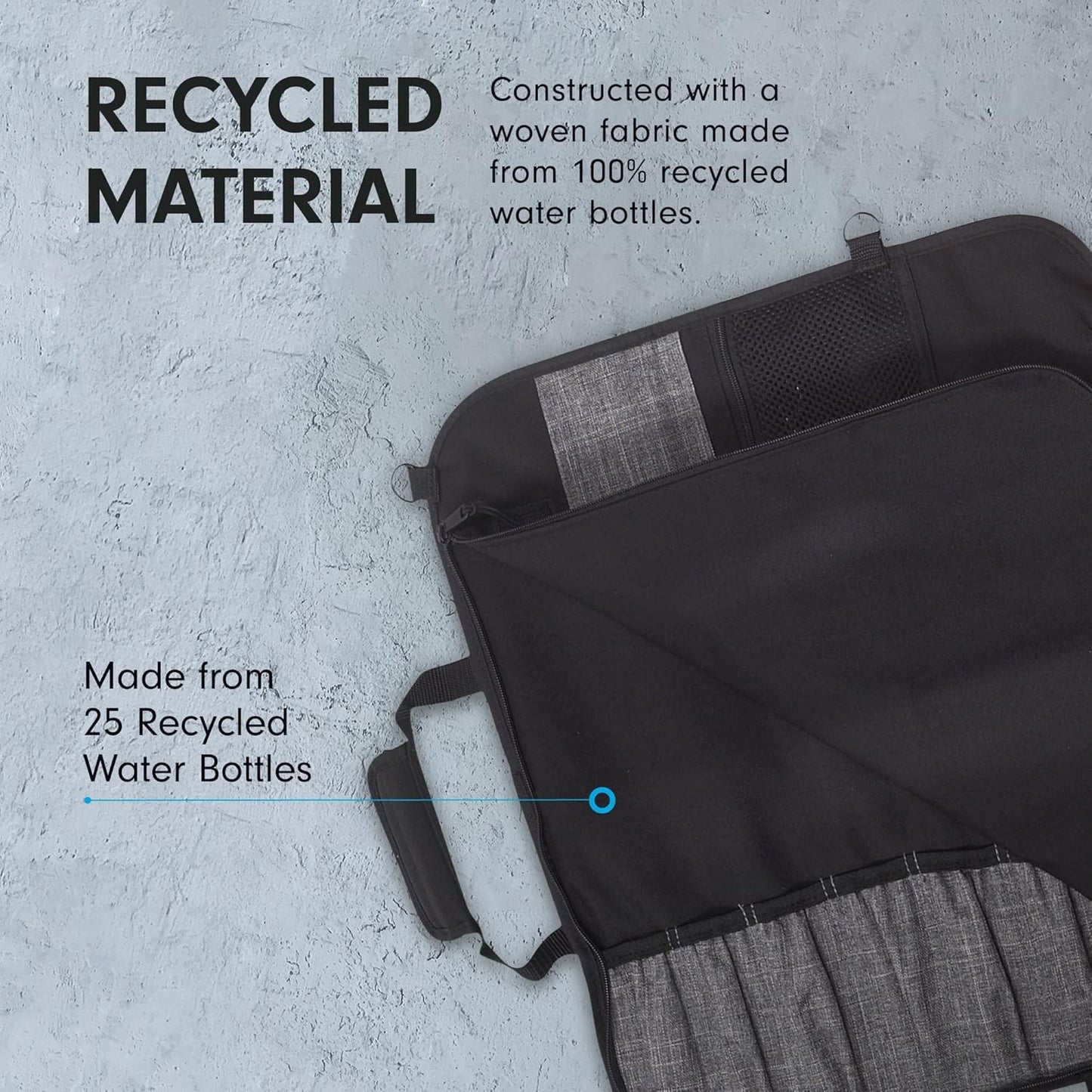 Preservation 8-Pocket Knife Luggage, Black - 8 Elasticized, Reinforced Pockets for Culinary Tools - Holds Up to 18” Knife - Made From 100% Recycled Water Bottles
