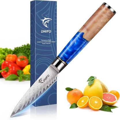 Paring Knife 3.5 Inch, Japanese VG-10 Steel Damascus Knife | Sharp Stainless Steel Blade, Blue Resin & Birch Wood Handle, Hand Wash Recommended, Ideal for Gifting