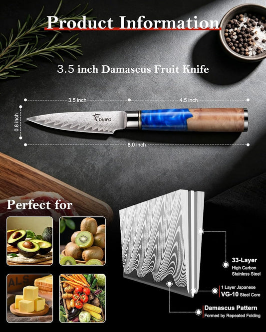 Paring Knife 3.5 Inch, Japanese VG-10 Steel Damascus Knife | Sharp Stainless Steel Blade, Blue Resin & Birch Wood Handle, Hand Wash Recommended, Ideal for Gifting