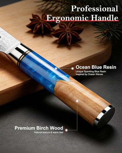 Paring Knife 3.5 Inch, Japanese VG-10 Steel Damascus Knife | Sharp Stainless Steel Blade, Blue Resin & Birch Wood Handle, Hand Wash Recommended, Ideal for Gifting