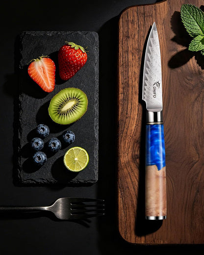 Paring Knife 3.5 Inch, Japanese VG-10 Steel Damascus Knife | Sharp Stainless Steel Blade, Blue Resin & Birch Wood Handle, Hand Wash Recommended, Ideal for Gifting