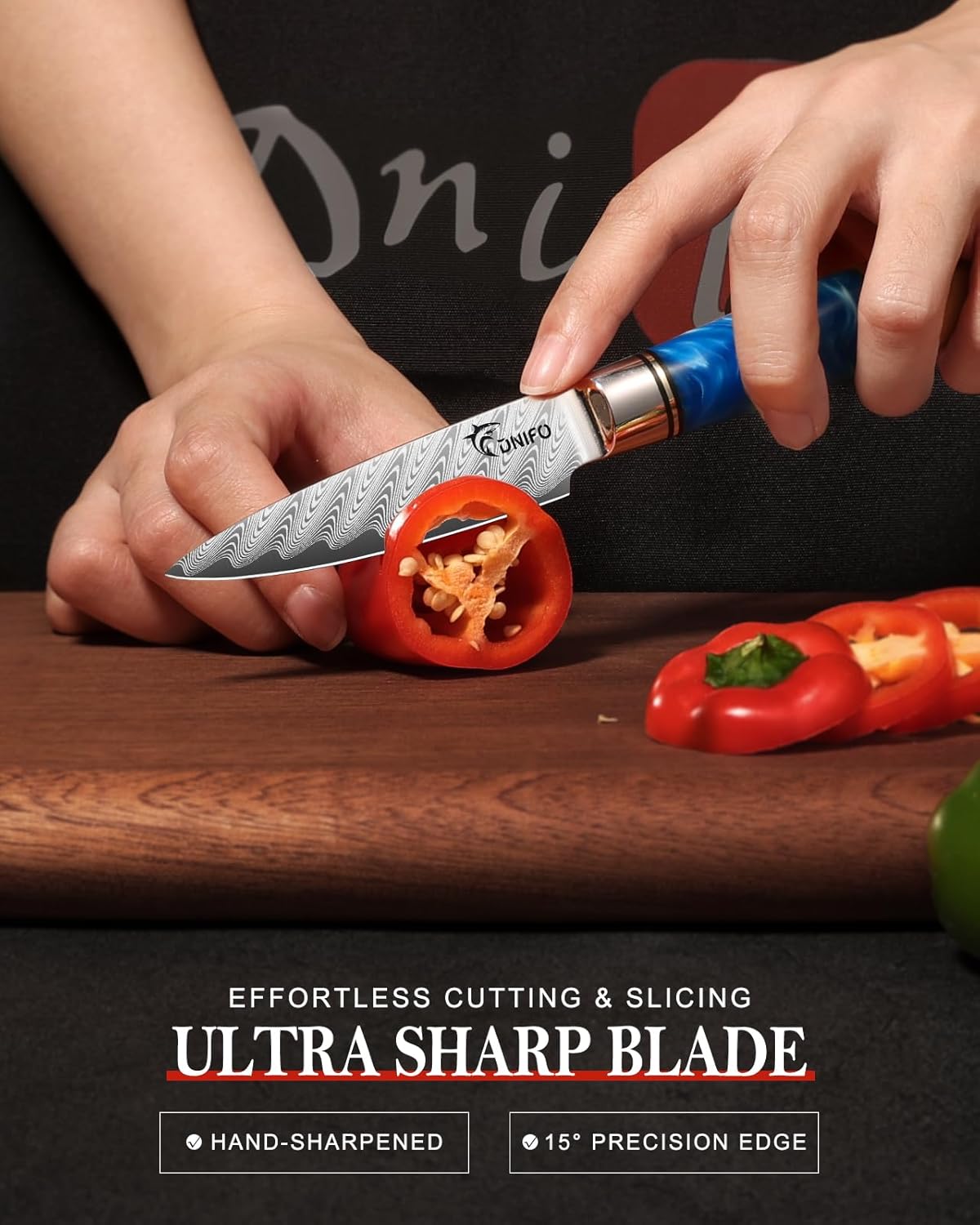 Paring Knife 3.5 Inch, Japanese VG-10 Steel Damascus Knife | Sharp Stainless Steel Blade, Blue Resin & Birch Wood Handle, Hand Wash Recommended, Ideal for Gifting