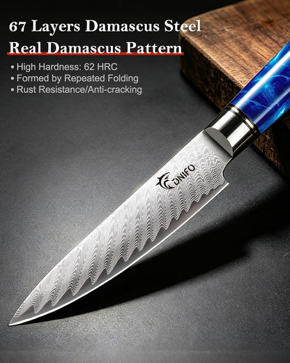 Paring Knife 3.5 Inch, Japanese VG-10 Steel Damascus Knife | Sharp Stainless Steel Blade, Blue Resin & Birch Wood Handle, Hand Wash Recommended, Ideal for Gifting