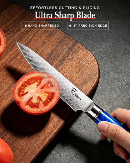 Paring Knife 3.5 Inch, Japanese VG-10 Steel Damascus Knife | Sharp Stainless Steel Blade, Blue Resin & Birch Wood Handle, Hand Wash Recommended, Ideal for Gifting