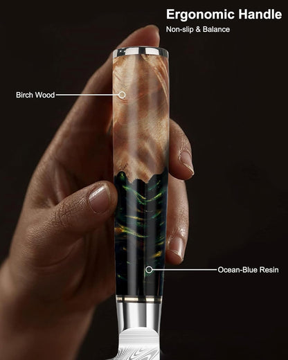 Paring Knife 3.5 Inch, Japanese VG-10 Steel Damascus Knife | Sharp Stainless Steel Blade, Blue Resin & Birch Wood Handle, Hand Wash Recommended, Ideal for Gifting