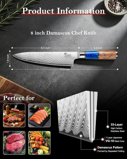 Paring Knife 3.5 Inch, Japanese VG-10 Steel Damascus Knife | Sharp Stainless Steel Blade, Blue Resin & Birch Wood Handle, Hand Wash Recommended, Ideal for Gifting