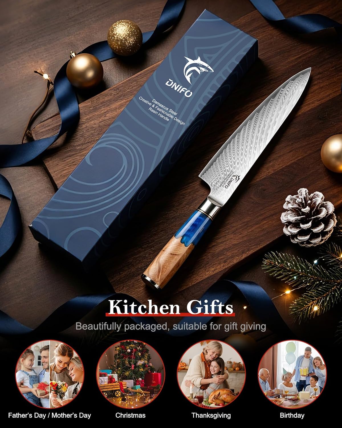 Paring Knife 3.5 Inch, Japanese VG-10 Steel Damascus Knife | Sharp Stainless Steel Blade, Blue Resin & Birch Wood Handle, Hand Wash Recommended, Ideal for Gifting