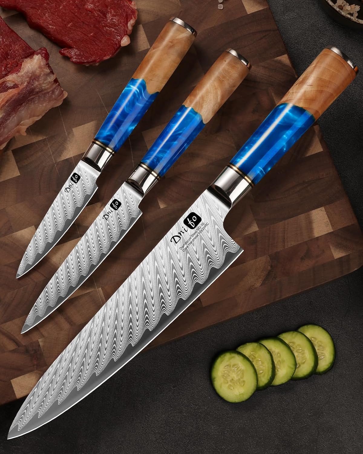 Paring Knife 3.5 Inch, Japanese VG-10 Steel Damascus Knife | Sharp Stainless Steel Blade, Blue Resin & Birch Wood Handle, Hand Wash Recommended, Ideal for Gifting
