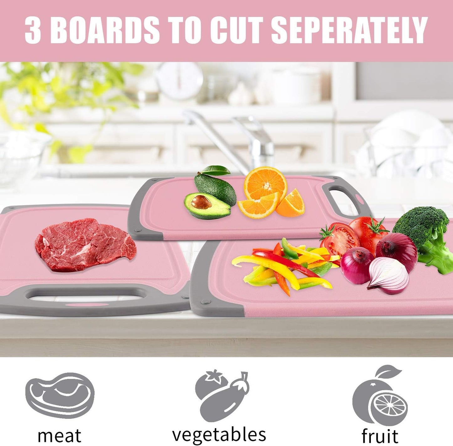 Cutting Boards for Kitchen, Plastic Chopping Board Set of 4 with Non-Slip Feet and Deep Drip Juice Groove, Easy Grip Handle, Dishwasher Safe, BPA Free, Non-porous(Pink/Gray)