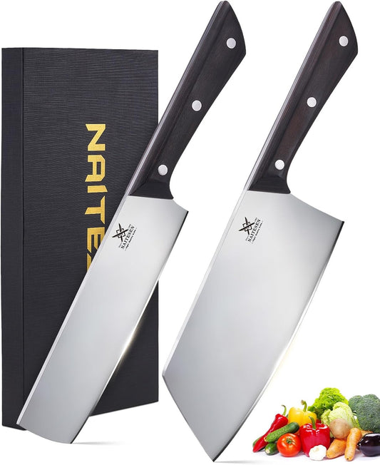 2PCS Cleaver Knife Set, Razor Sharp with Gift Box | Full Tang Handle Cleaver Knife Nakiri Knife for Meat Vegetable Cutting Kitchen Cooking Gifts for Men Women