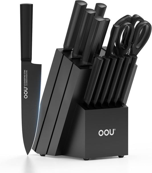 Kitchen Knife Block Set - 15 Pieces High Carbon Stainless Steel Knife Block Set with Built-in Sharpening Blocks, Black