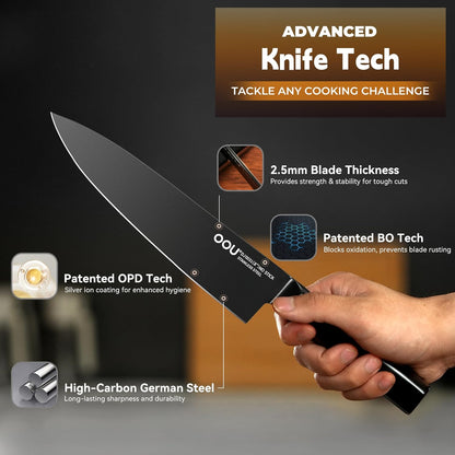 Kitchen Knife Block Set - 15 Pieces High Carbon Stainless Steel Knife Block Set with Built-in Sharpening Blocks, Black