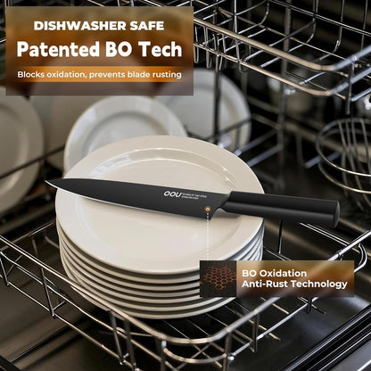 Kitchen Knife Block Set - 15 Pieces High Carbon Stainless Steel Knife Block Set with Built-in Sharpening Blocks, Black