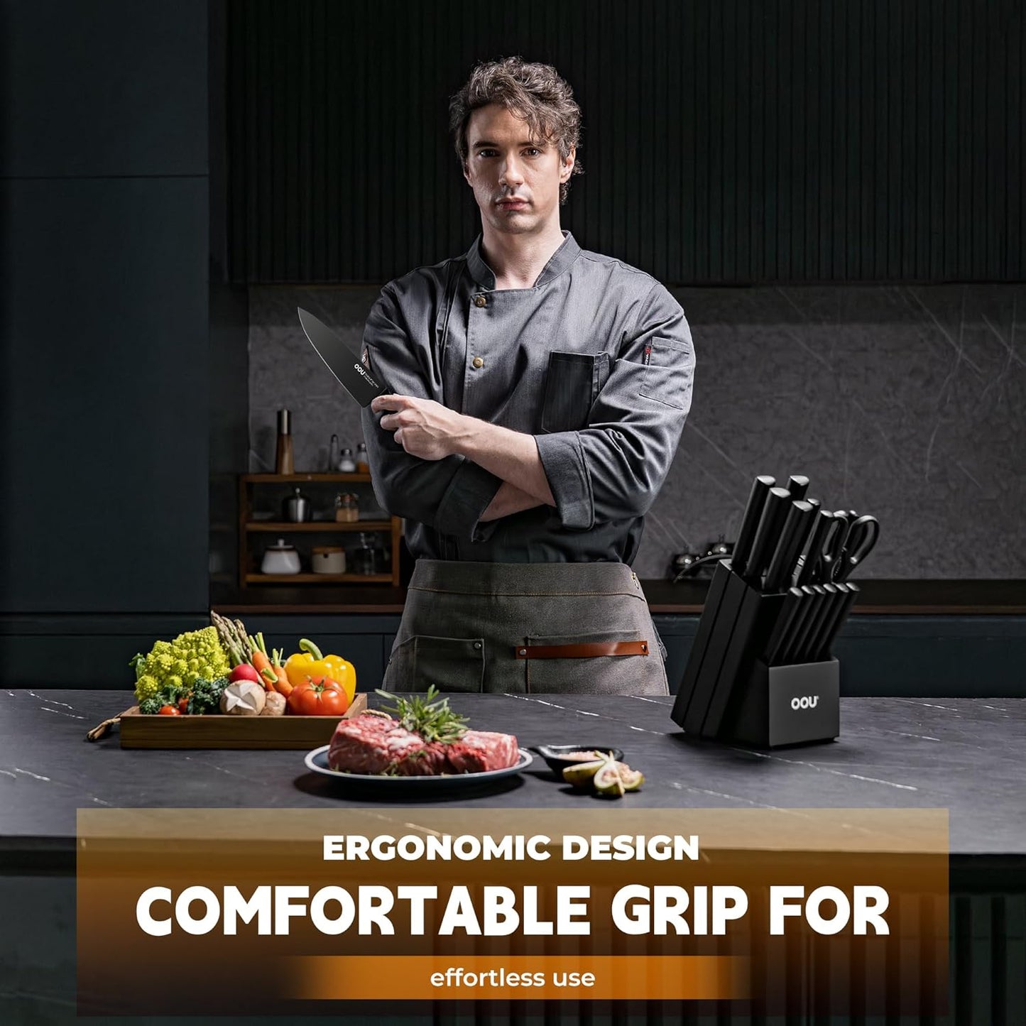 Kitchen Knife Block Set - 15 Pieces High Carbon Stainless Steel Knife Block Set with Built-in Sharpening Blocks, Black