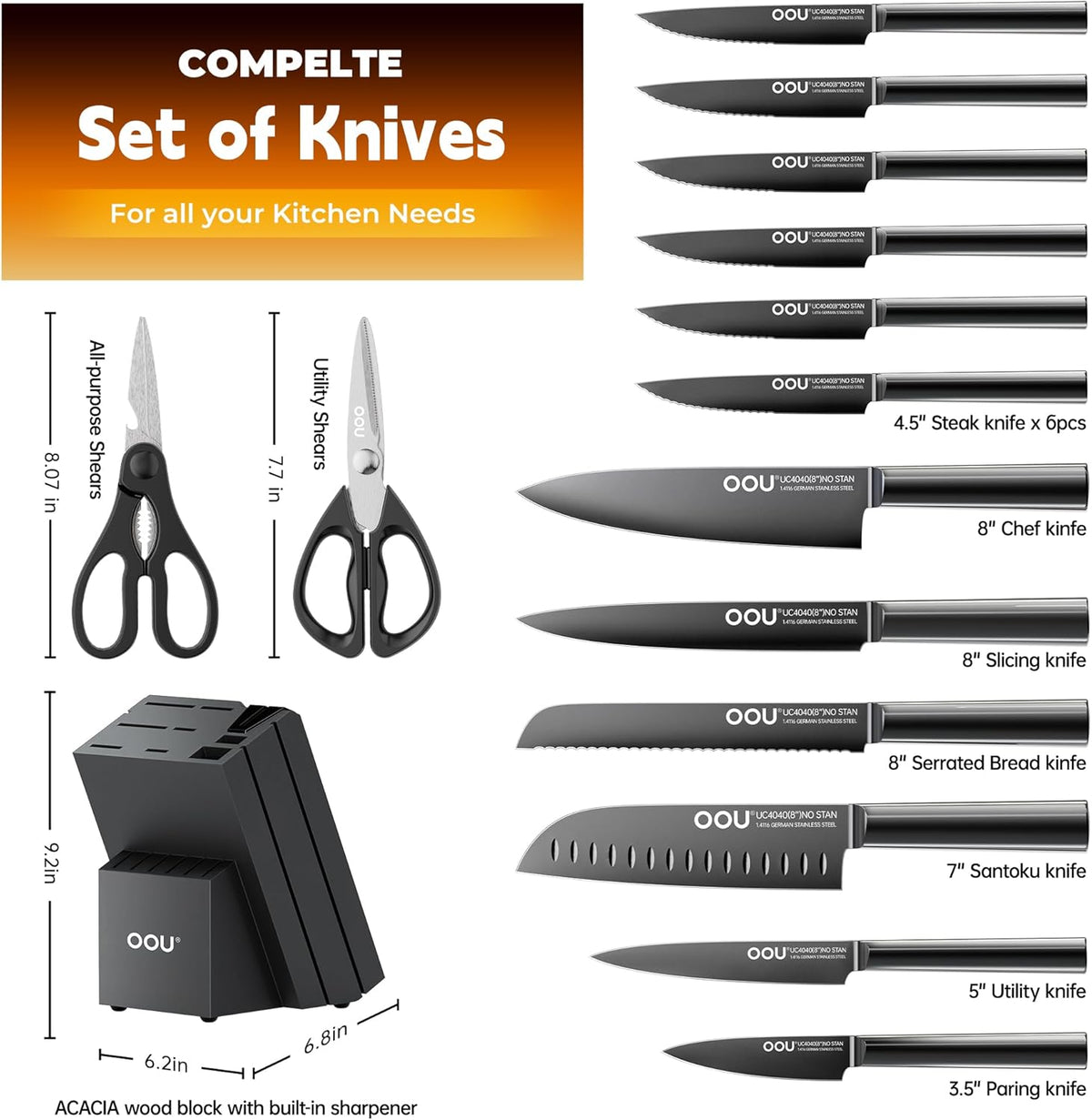 Kitchen Knife Block Set - 15 Pieces High Carbon Stainless Steel Knife Block Set with Built-in Sharpening Blocks, Black