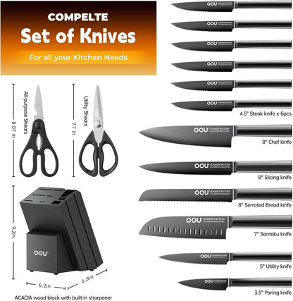 Kitchen Knife Block Set - 15 Pieces High Carbon Stainless Steel Knife Block Set with Built-in Sharpening Blocks, Black