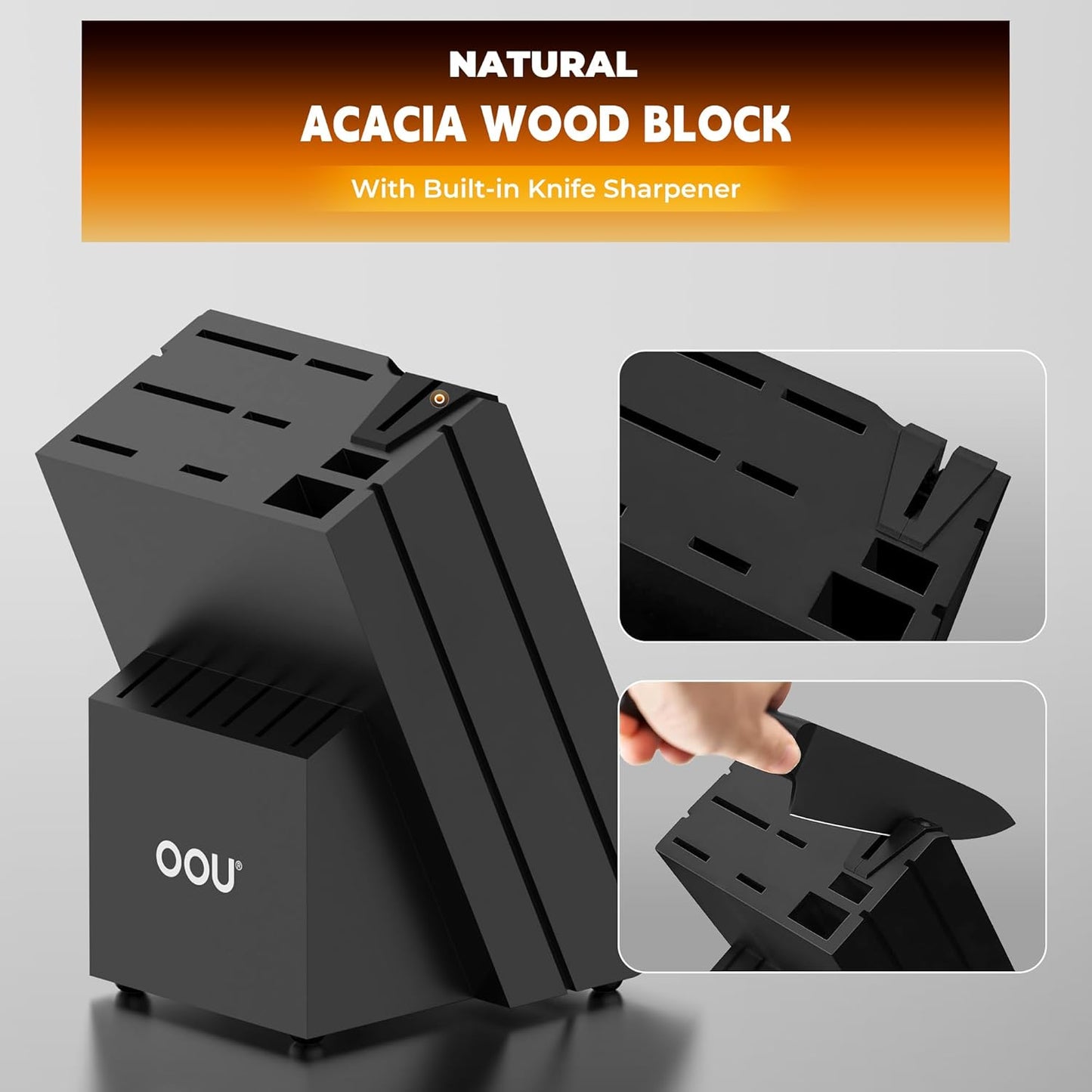 Kitchen Knife Block Set - 15 Pieces High Carbon Stainless Steel Knife Block Set with Built-in Sharpening Blocks, Black