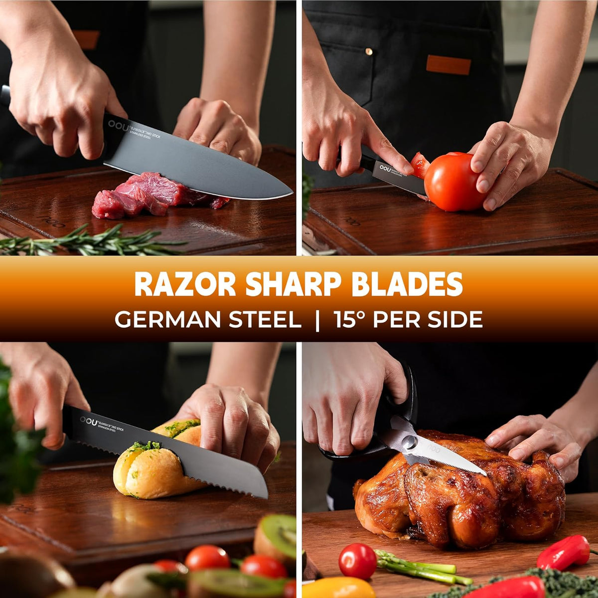 Kitchen Knife Block Set - 15 Pieces High Carbon Stainless Steel Knife Block Set with Built-in Sharpening Blocks, Black