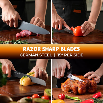 Kitchen Knife Block Set - 15 Pieces High Carbon Stainless Steel Knife Block Set with Built-in Sharpening Blocks, Black
