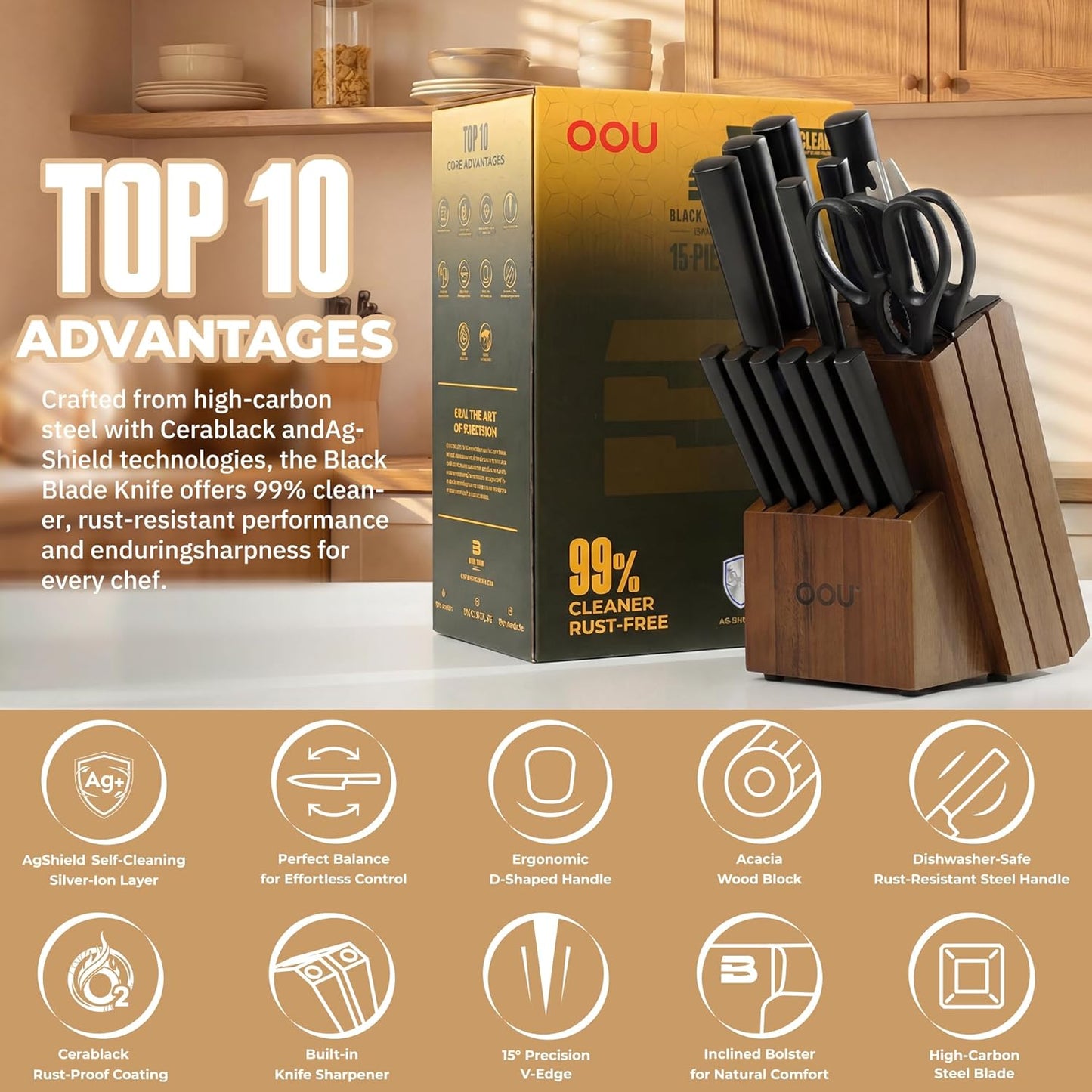 Kitchen Knife Block Set - 15 Pieces High Carbon Stainless Steel Knife Block Set with Built-in Sharpening Blocks, Black