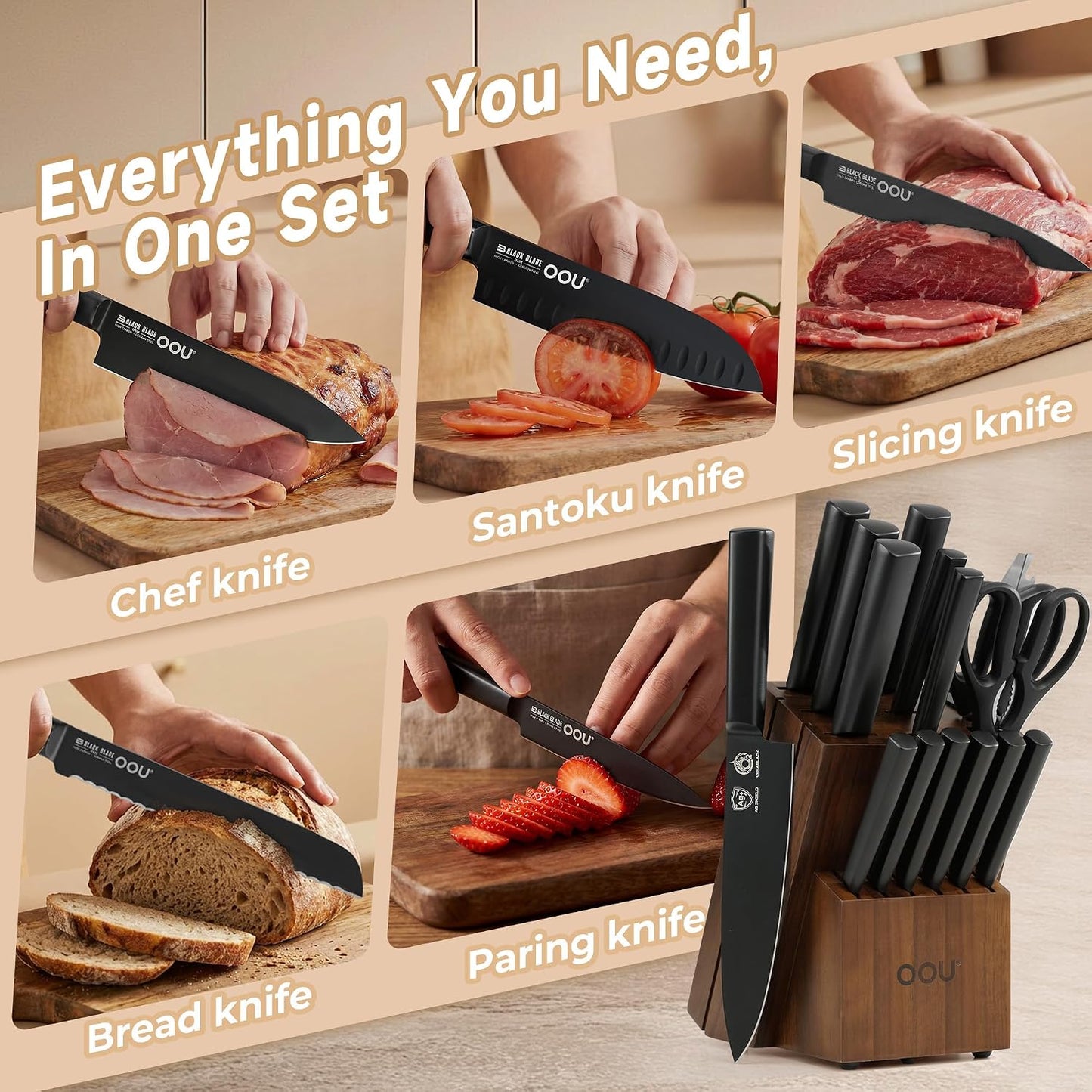 Kitchen Knife Block Set - 15 Pieces High Carbon Stainless Steel Knife Block Set with Built-in Sharpening Blocks, Black