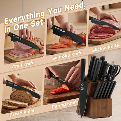 Kitchen Knife Block Set - 15 Pieces High Carbon Stainless Steel Knife Block Set with Built-in Sharpening Blocks, Black