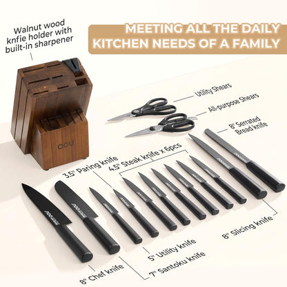 Kitchen Knife Block Set - 15 Pieces High Carbon Stainless Steel Knife Block Set with Built-in Sharpening Blocks, Black