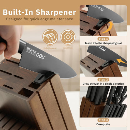Kitchen Knife Block Set - 15 Pieces High Carbon Stainless Steel Knife Block Set with Built-in Sharpening Blocks, Black