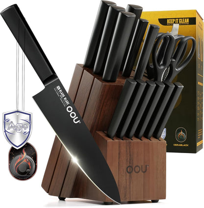 Kitchen Knife Block Set - 15 Pieces High Carbon Stainless Steel Knife Block Set with Built-in Sharpening Blocks, Black