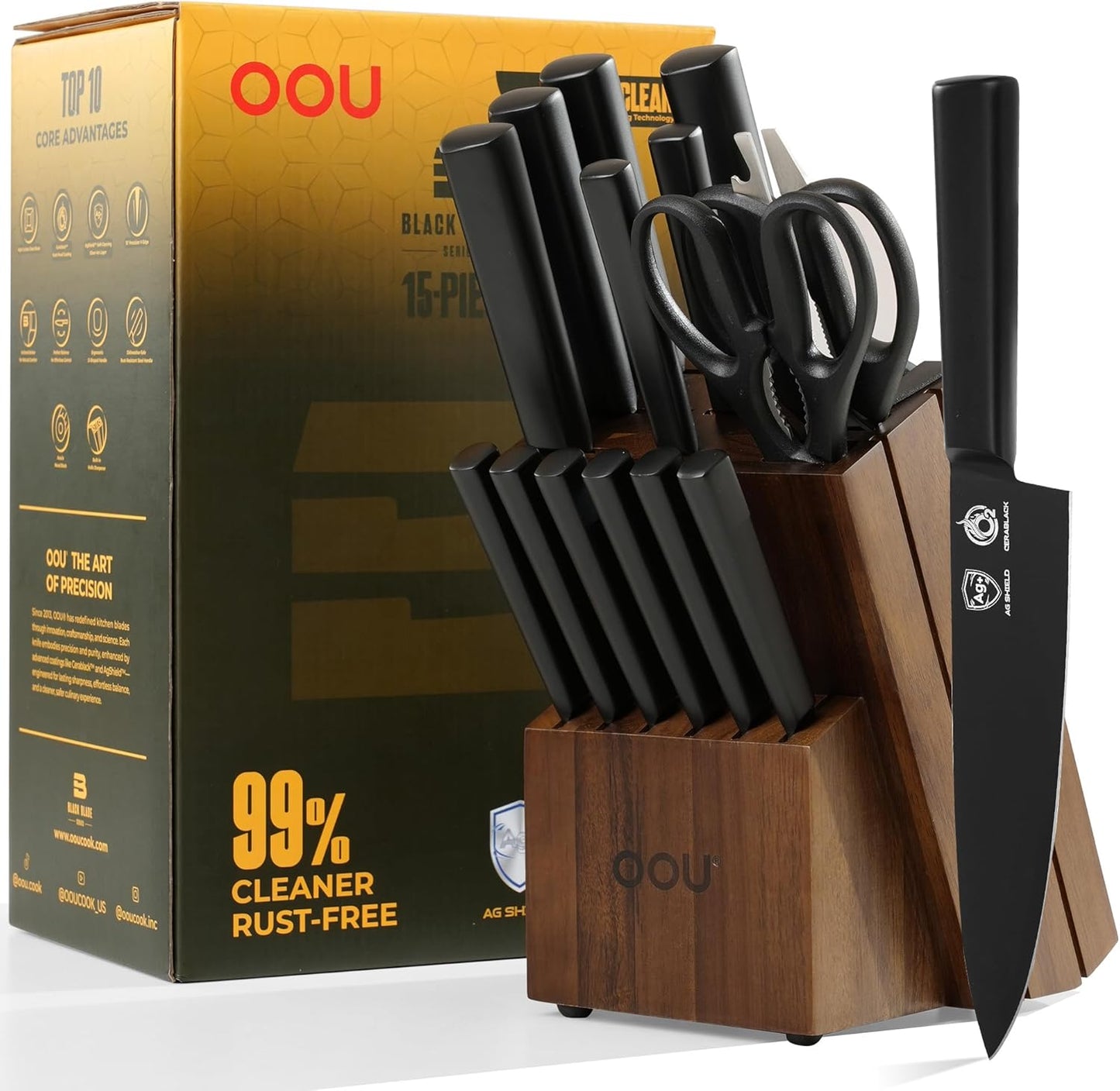 Kitchen Knife Block Set - 15 Pieces High Carbon Stainless Steel Knife Block Set with Built-in Sharpening Blocks, Black