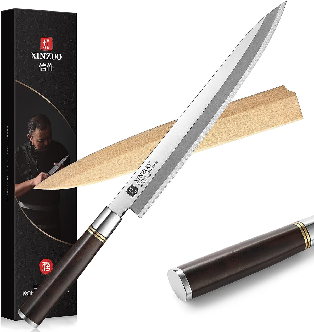 11 Inch Yanagiba Knife X7Cr17MoV Forged Steel, Sashimi Sushi Knife Stainless Steel, Single-edged Blade, Chef Knife for Fish Filleting,Slicing-Ebony Wood Handle-Betula Wooden Sheath