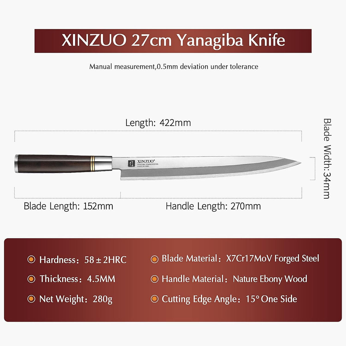11 Inch Yanagiba Knife X7Cr17MoV Forged Steel, Sashimi Sushi Knife Stainless Steel, Single-edged Blade, Chef Knife for Fish Filleting,Slicing-Ebony Wood Handle-Betula Wooden Sheath